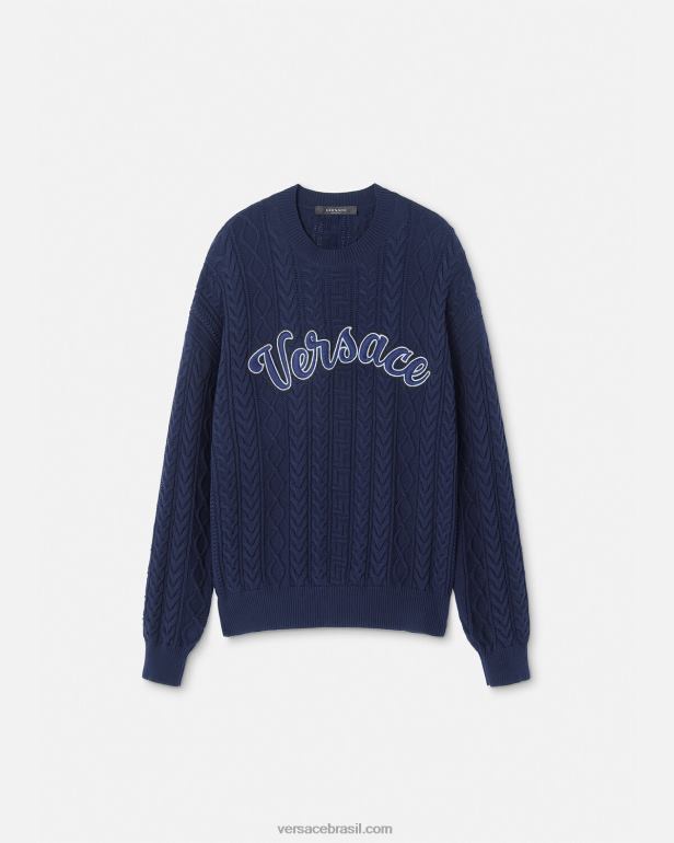 roupas P2TX1350 Versace suéter de malha do time do colégio Greca azul homens