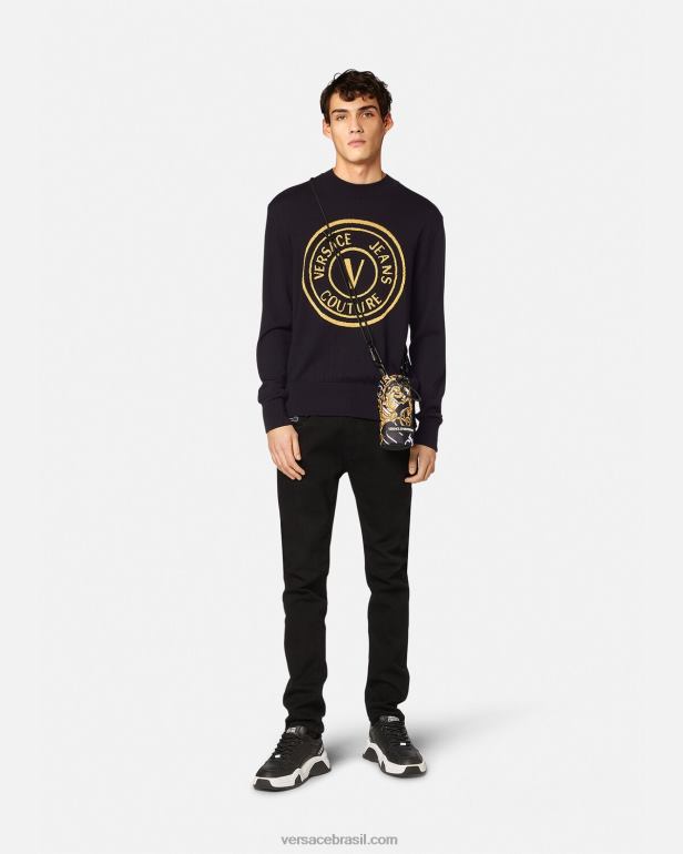 roupas P2TX2434 Versace suéter de lã tricotado com emblema em V preto e estampado homens