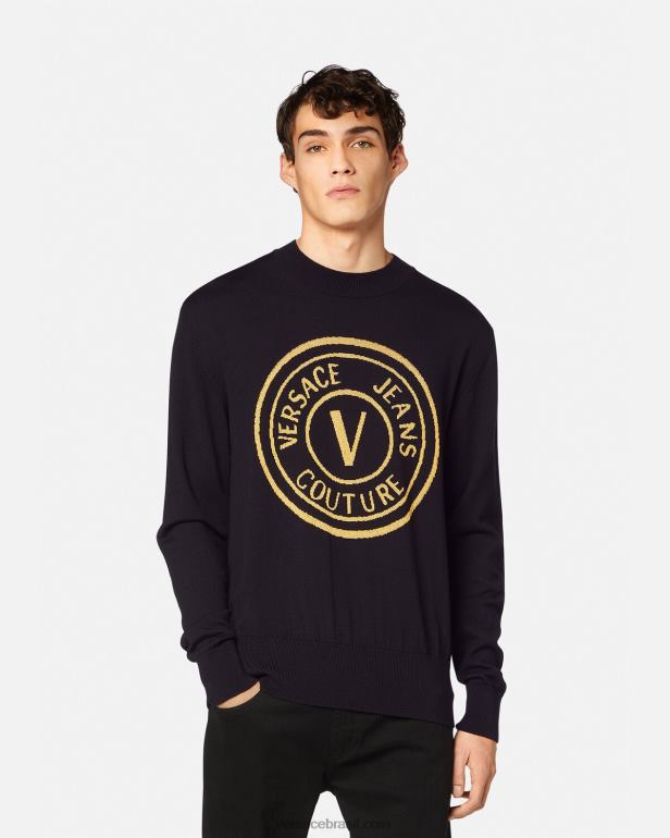 roupas P2TX2434 Versace suéter de lã tricotado com emblema em V preto e estampado homens