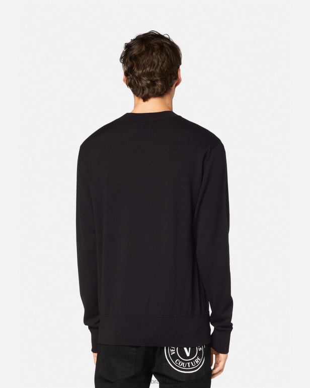 roupas P2TX2434 Versace suéter de lã tricotado com emblema em V preto e estampado homens
