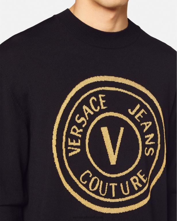 roupas P2TX2434 Versace suéter de lã tricotado com emblema em V preto e estampado homens