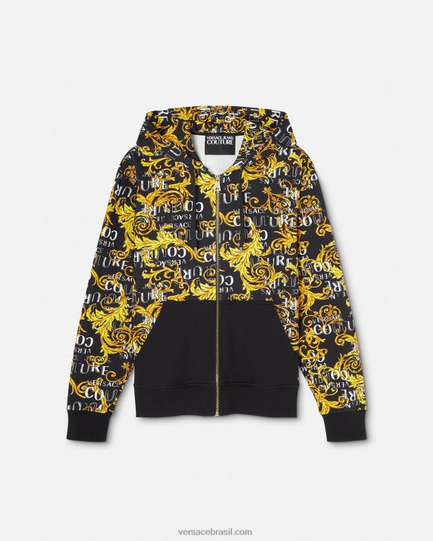 roupas P2TX2403 Versace moletom com zíper de alta costura com logo ouro Preto homens