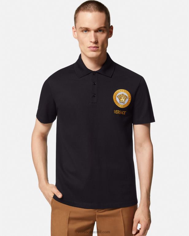 roupas P2TX1398 Versace camisa polo bordada medusa preto homens