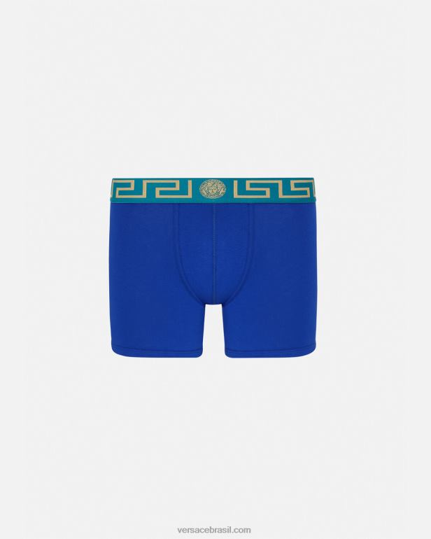 roupas íntimas e moda praia P2TX1747 Versace troncos longos com borda greca azul homens