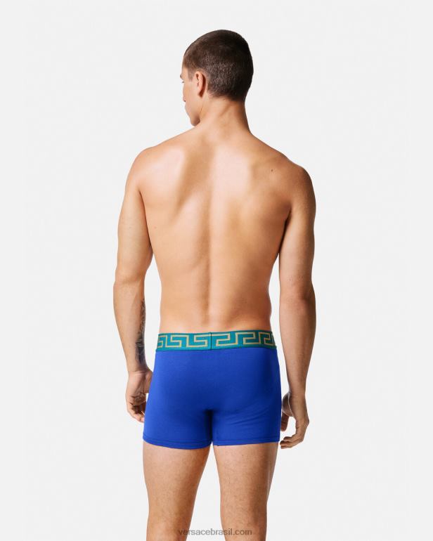 roupas íntimas e moda praia P2TX1747 Versace troncos longos com borda greca azul homens