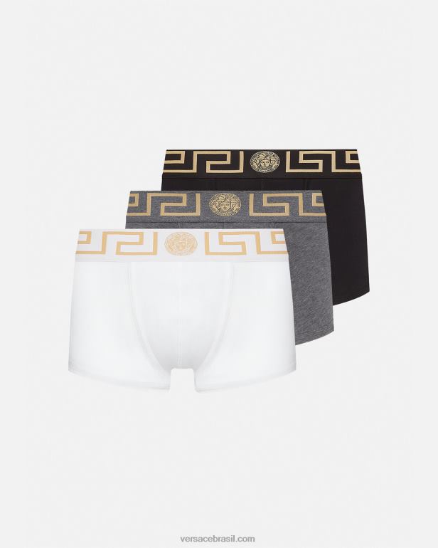 roupas íntimas e moda praia P2TX1751 Versace troncos de fronteira greca pacote com 3 branco e preto e cinza homens