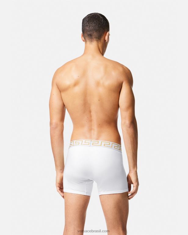 roupas íntimas e moda praia P2TX1767 Versace troncos longos com borda greca ouro Branco homens