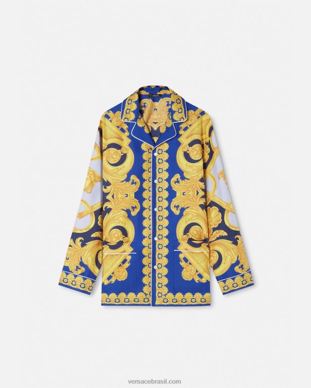roupas íntimas e moda praia P2TX1739 Versace pijama de seda barocco 660 azul e dourado homens