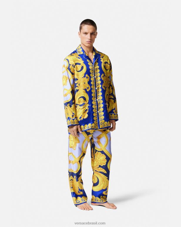 roupas íntimas e moda praia P2TX1739 Versace pijama de seda barocco 660 azul e dourado homens