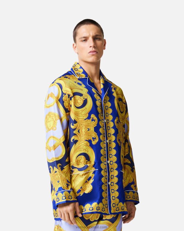 roupas íntimas e moda praia P2TX1739 Versace pijama de seda barocco 660 azul e dourado homens
