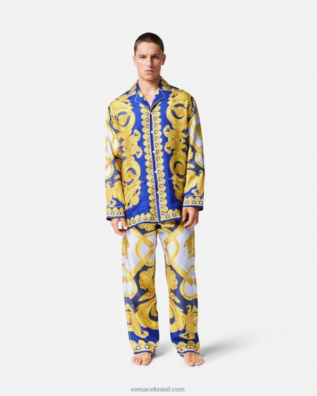 roupas íntimas e moda praia P2TX1740 Versace calça de pijama de seda barocco 660 azul e dourado homens