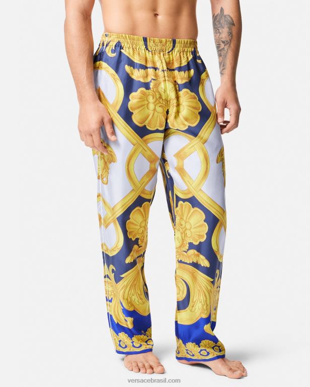 roupas íntimas e moda praia P2TX1740 Versace calça de pijama de seda barocco 660 azul e dourado homens