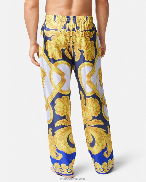 roupas íntimas e moda praia P2TX1740 Versace calça de pijama de seda barocco 660 azul e dourado homens