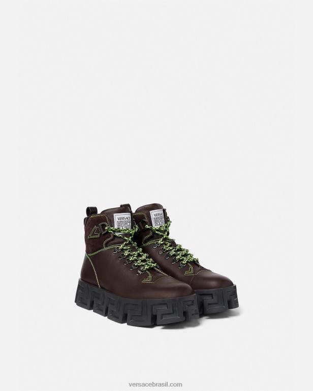 sapato P2TX1582 Versace botas de caminhada labirinto greca marrom homens