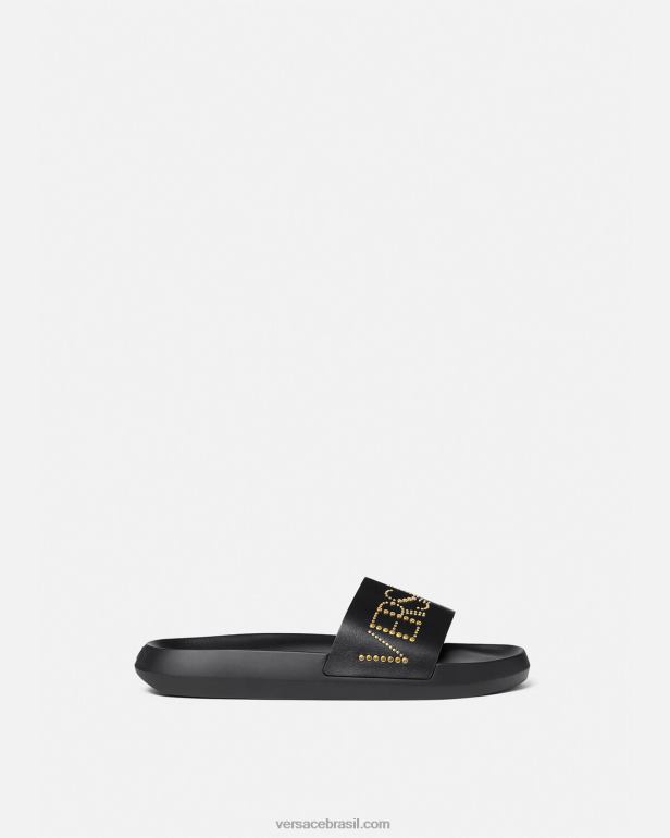 sapato P2TX1596 Versace slides com logotipo cravejado preto homens