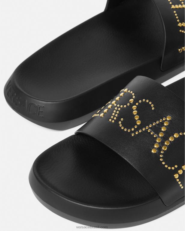 sapato P2TX1596 Versace slides com logotipo cravejado preto homens