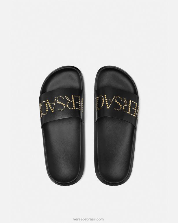 sapato P2TX1596 Versace slides com logotipo cravejado preto homens