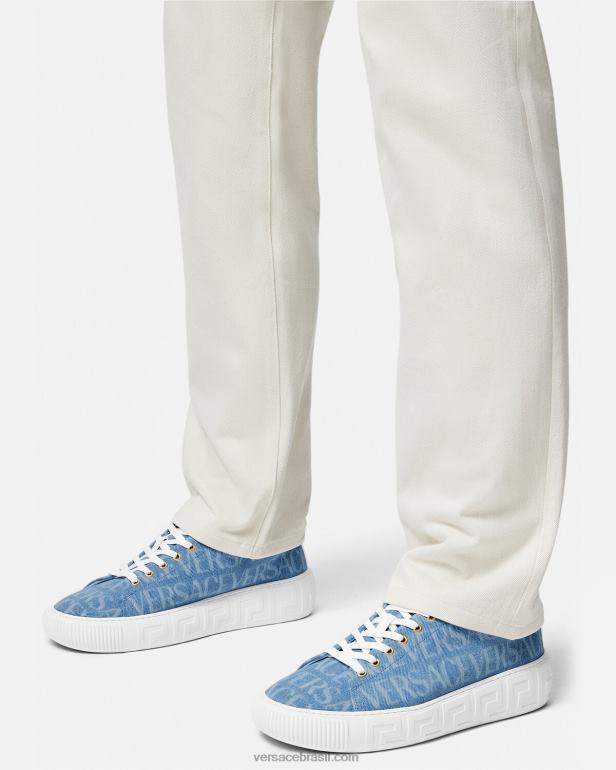 sapato P2TX1548 Versace tênis allover jeans greca azul claro homens