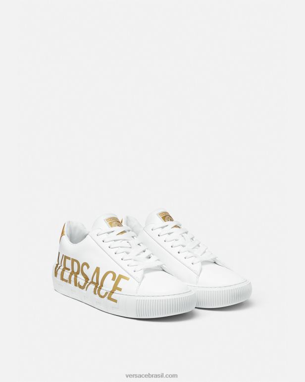 sapato P2TX1549 Versace tênis greca com logo ouro Branco homens