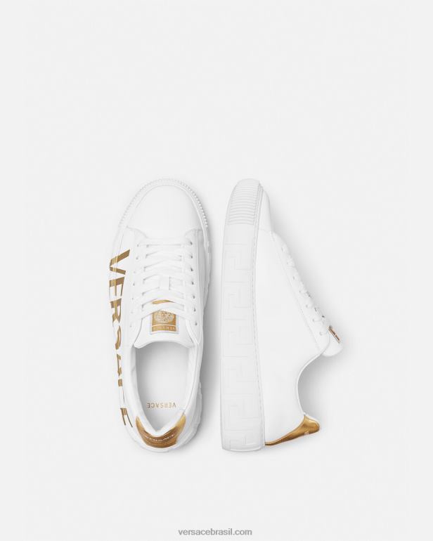 sapato P2TX1549 Versace tênis greca com logo ouro Branco homens