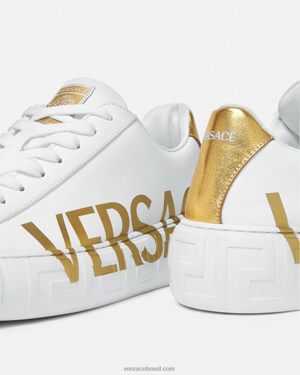 sapato P2TX1549 Versace tênis greca com logo ouro Branco homens