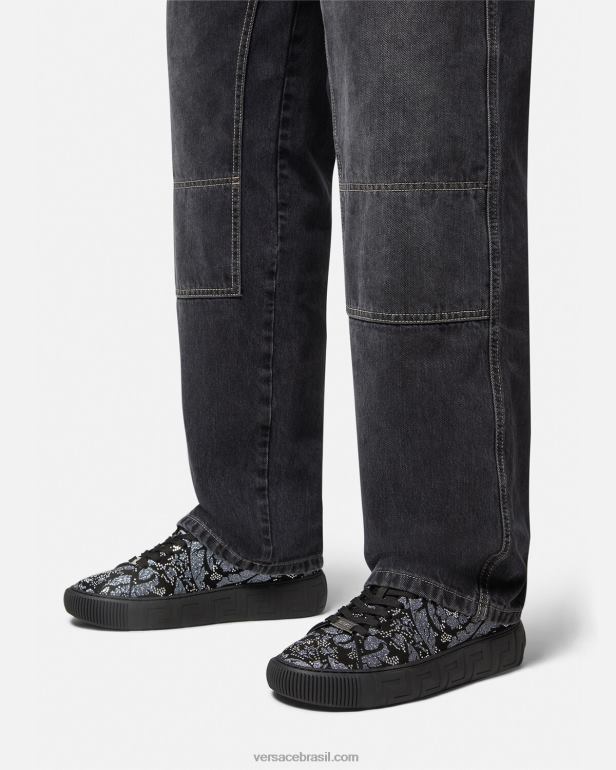 sapato P2TX1555 Versace tênis Greca com tachas preto homens