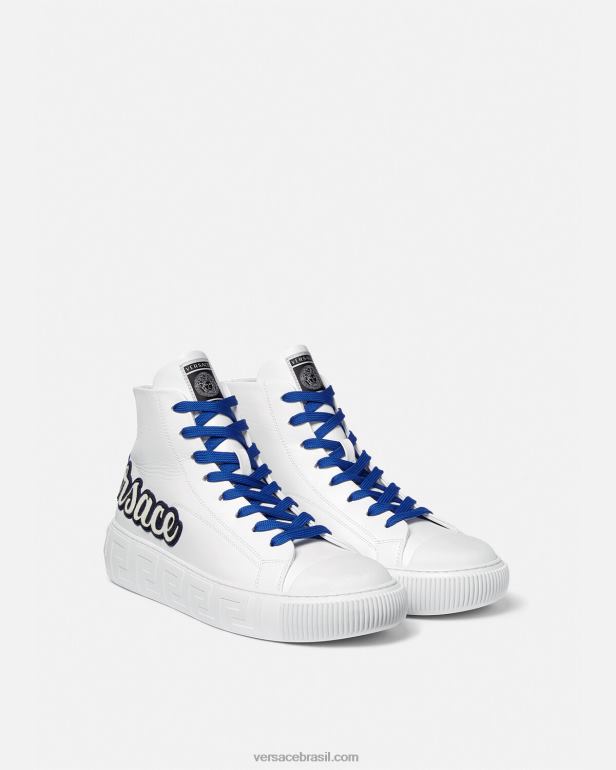 sapato P2TX1556 Versace tênis cano alto varsity greca Branco azulado homens