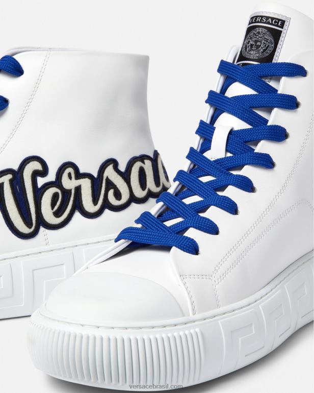 sapato P2TX1556 Versace tênis cano alto varsity greca Branco azulado homens