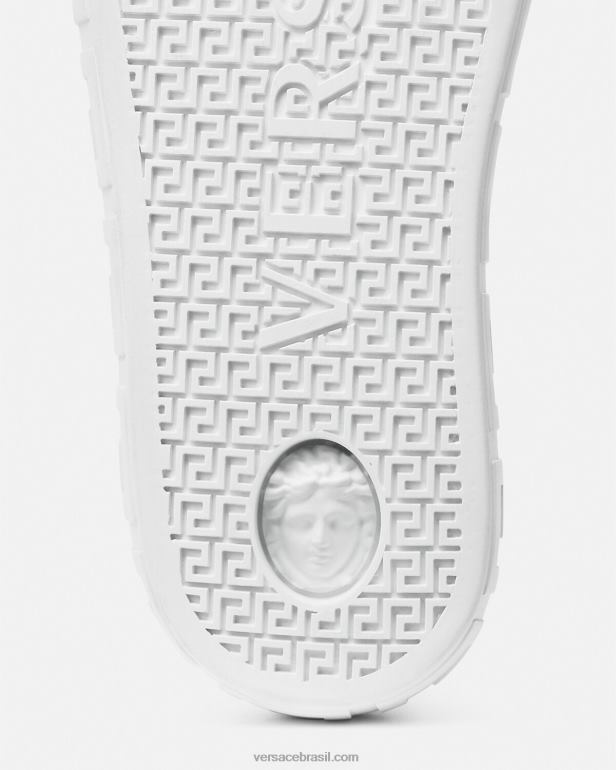 sapato P2TX1556 Versace tênis cano alto varsity greca Branco azulado homens