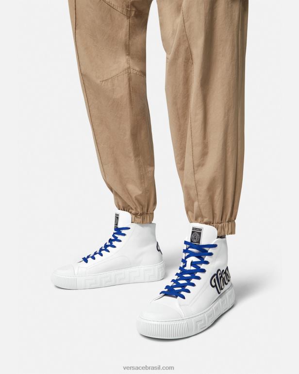 sapato P2TX1556 Versace tênis cano alto varsity greca Branco azulado homens