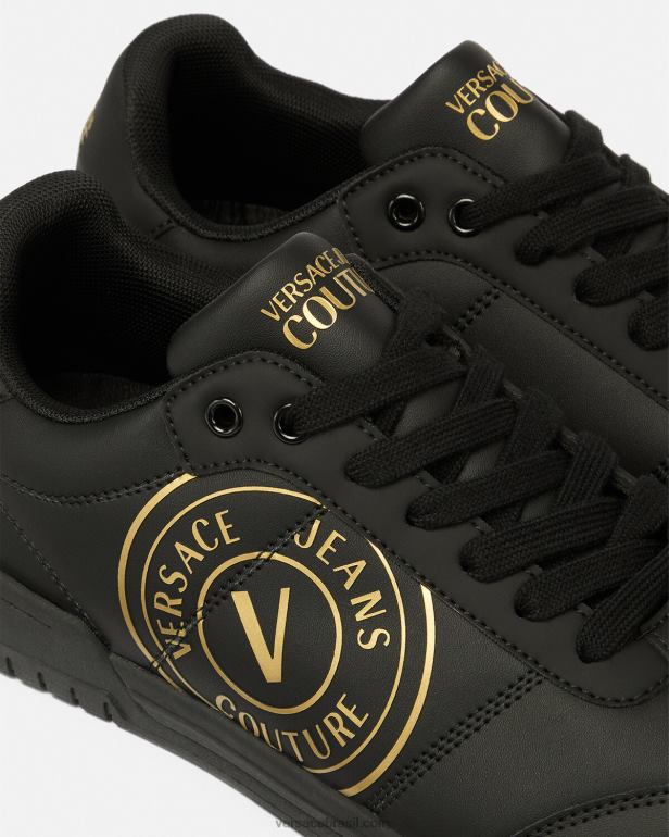 sapato P2TX2443 Versace tênis com emblema v do brooklyn ouro Preto homens