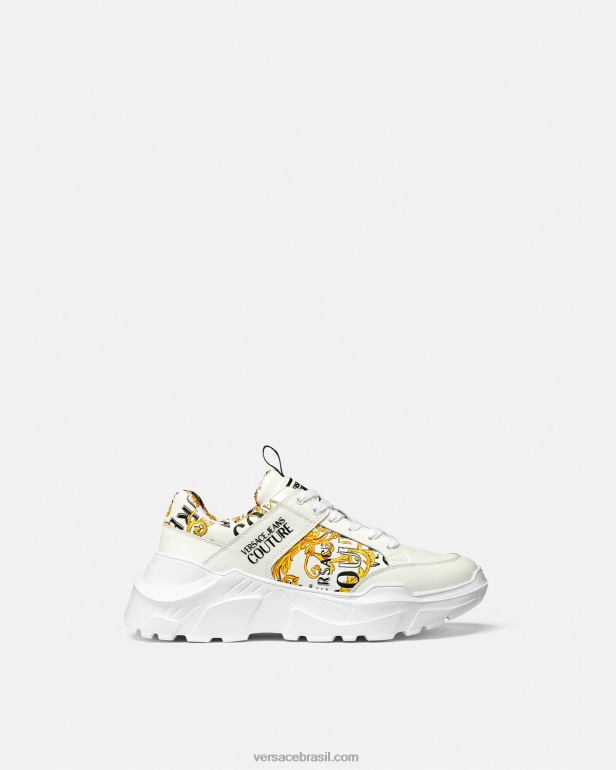 sapato P2TX2459 Versace tênis speedtrack de alta costura com logotipo ouro e branco homens