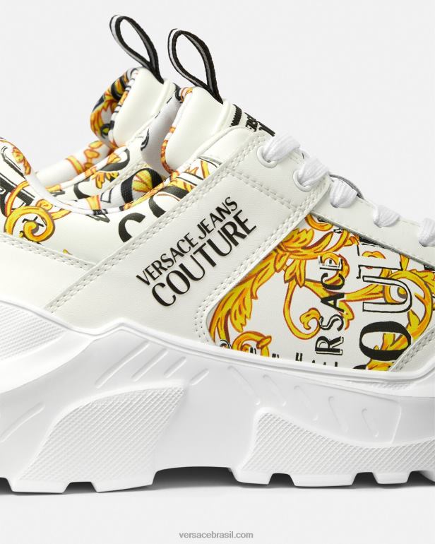 sapato P2TX2459 Versace tênis speedtrack de alta costura com logotipo ouro e branco homens