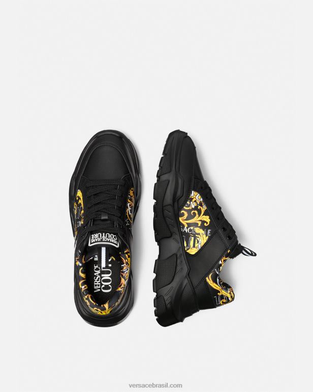 sapato P2TX2460 Versace tênis speedtrack de alta costura com logotipo ouro Preto homens