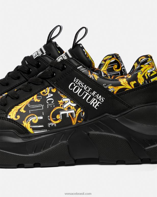 sapato P2TX2460 Versace tênis speedtrack de alta costura com logotipo ouro Preto homens
