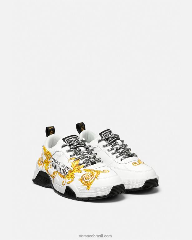 sapato P2TX2461 Versace tênis de alta costura com logotipo stargaze ouro e branco homens