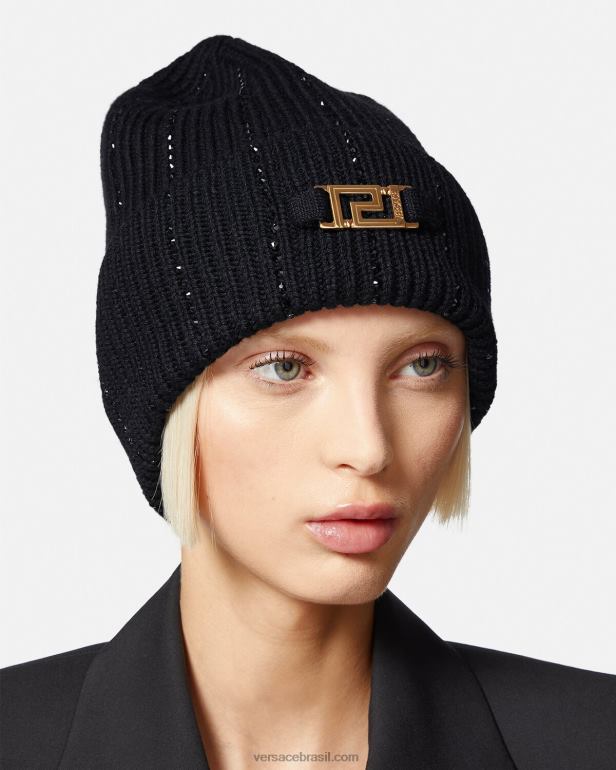 acessórios P2TX874 Versace gorro com nervuras de cristal greca preto mulheres