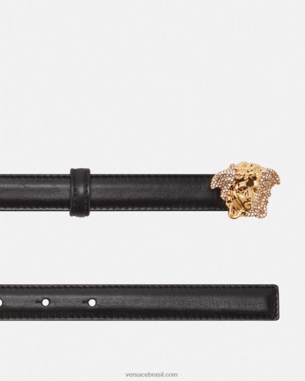acessórios P2TX524 Versace cinto de couro fino cristal la medusa preto mulheres