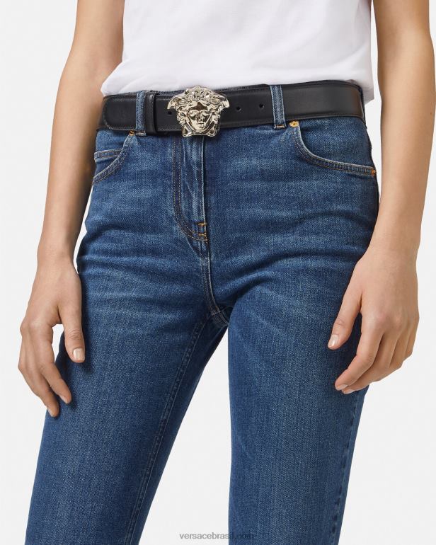 acessórios P2TX526 Versace cinto de couro la medusa preto mulheres