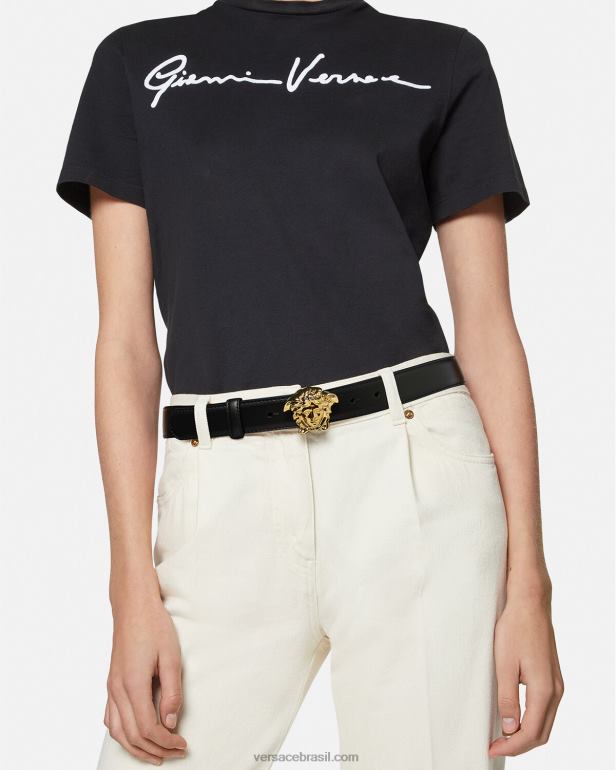 acessórios P2TX528 Versace cinto de couro la medusa preto mulheres