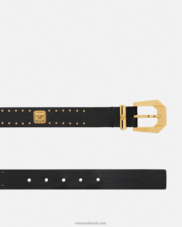 acessórios P2TX535 Versace cinto de couro medusa com tachas preto mulheres