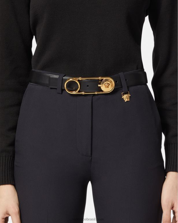 acessórios P2TX536 Versace cinto de couro com alfinete de segurança preto mulheres