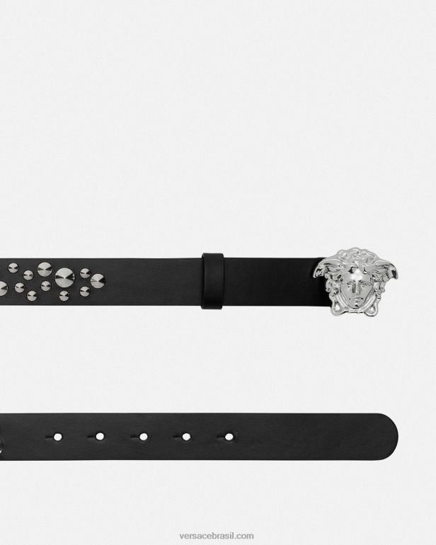 acessórios P2TX545 Versace cinto de couro la medusa com pontas preto mulheres