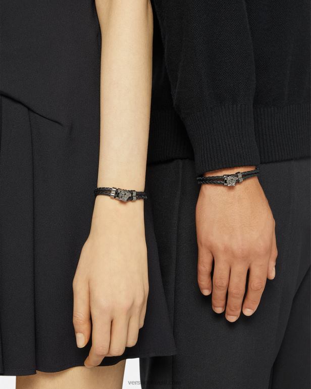 acessórios P2TX769 Versace pulseira de couro trançado medusa preto mulheres