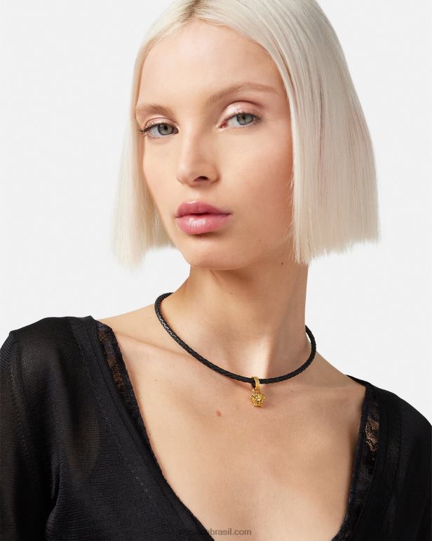 acessórios P2TX812 Versace colar de couro medusa de cristal preto mulheres