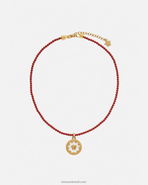acessórios P2TX816 Versace colar de contas de placa de medusa Borgonha e ouro mulheres