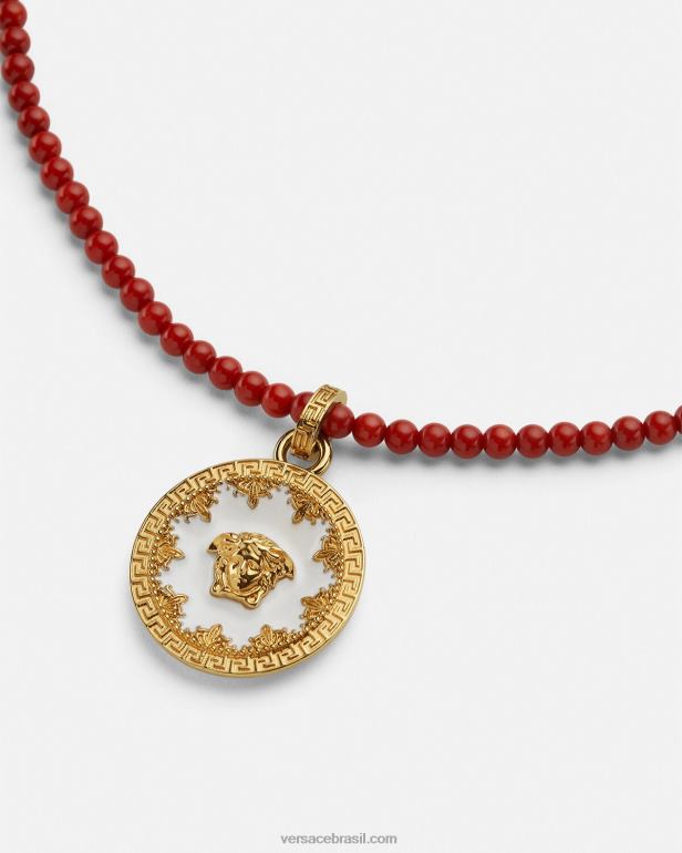 acessórios P2TX816 Versace colar de contas de placa de medusa Borgonha e ouro mulheres