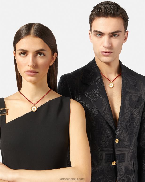 acessórios P2TX816 Versace colar de contas de placa de medusa Borgonha e ouro mulheres