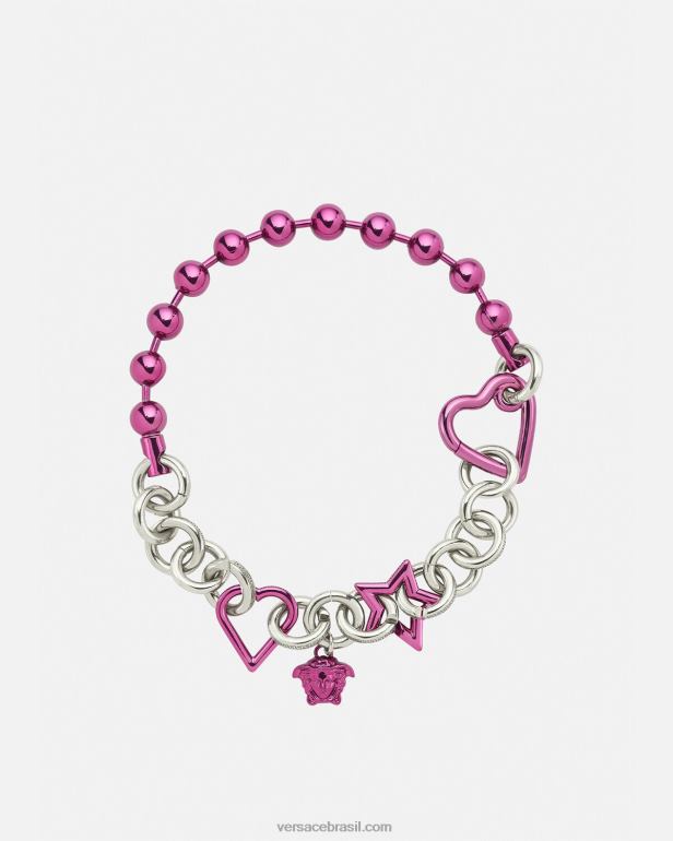 acessórios P2TX828 Versace colar de corrente funky prata e fúcsia mulheres