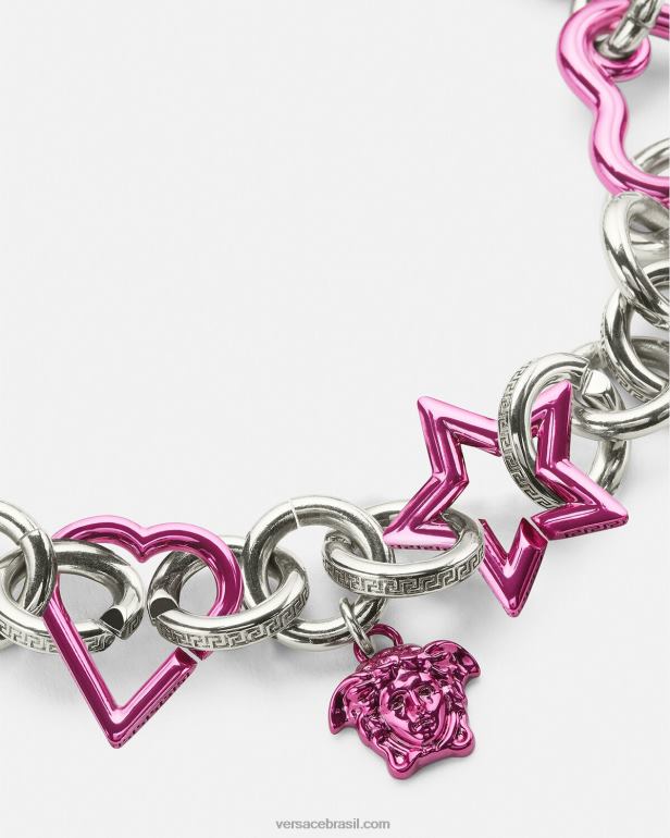 acessórios P2TX828 Versace colar de corrente funky prata e fúcsia mulheres
